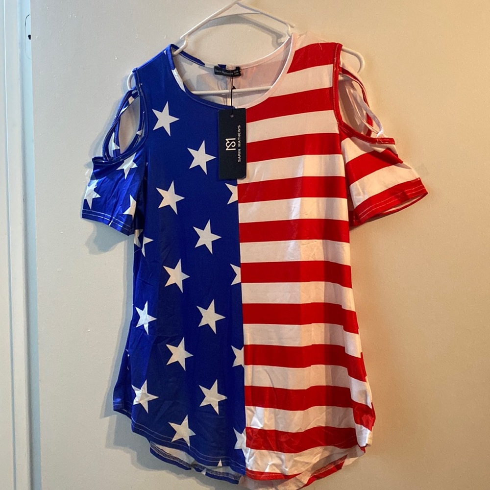 Sarin Mathews Womens American Flag Strappy Cold Shoulder Loose Basic T Shirts